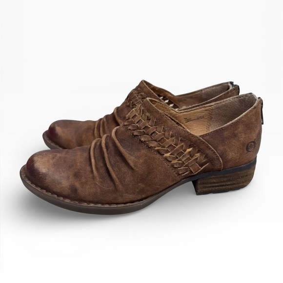 Born Shoes - Born Katharina Distressed Brown Leather Ankle Booties Braided Detail Size US 8
